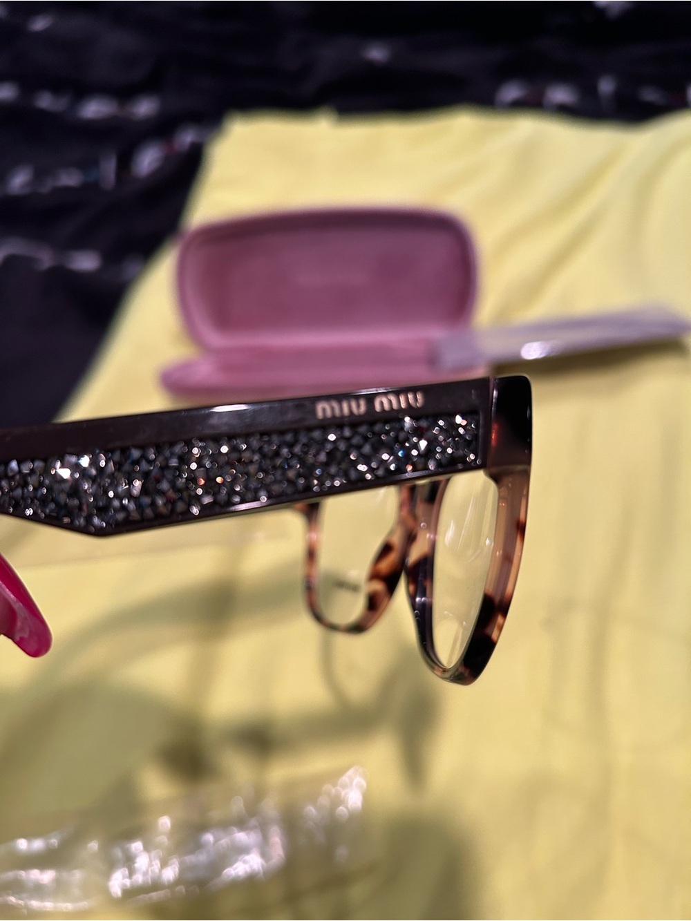 Miu Miu Tortoiseshell Glasses with Black Crystal-Embellished Temples